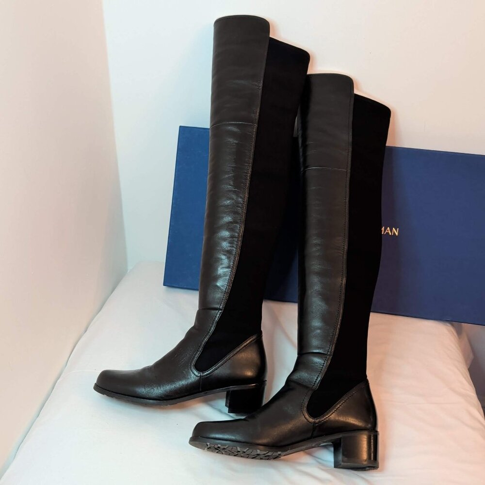 Stuart Weitzman Lynelle Black Leather and Neoprene Over-The-Knee Boots - Picture 6 of 11